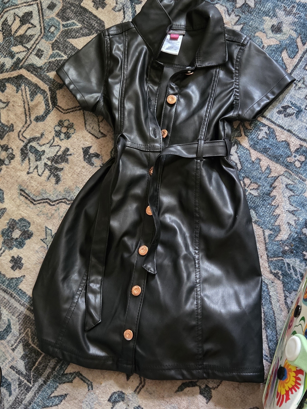 Vince Camuto‎ Black Faux Leather Button-Front Belted Dress